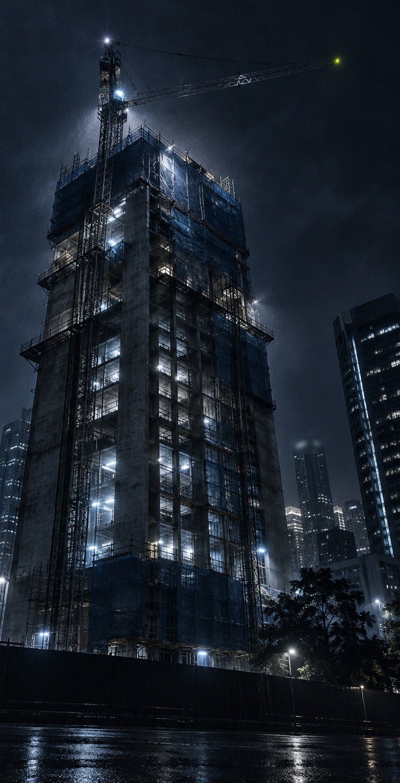 A concrete high-rise core under construction at night, tower crane lights glowing over wet scaffolding