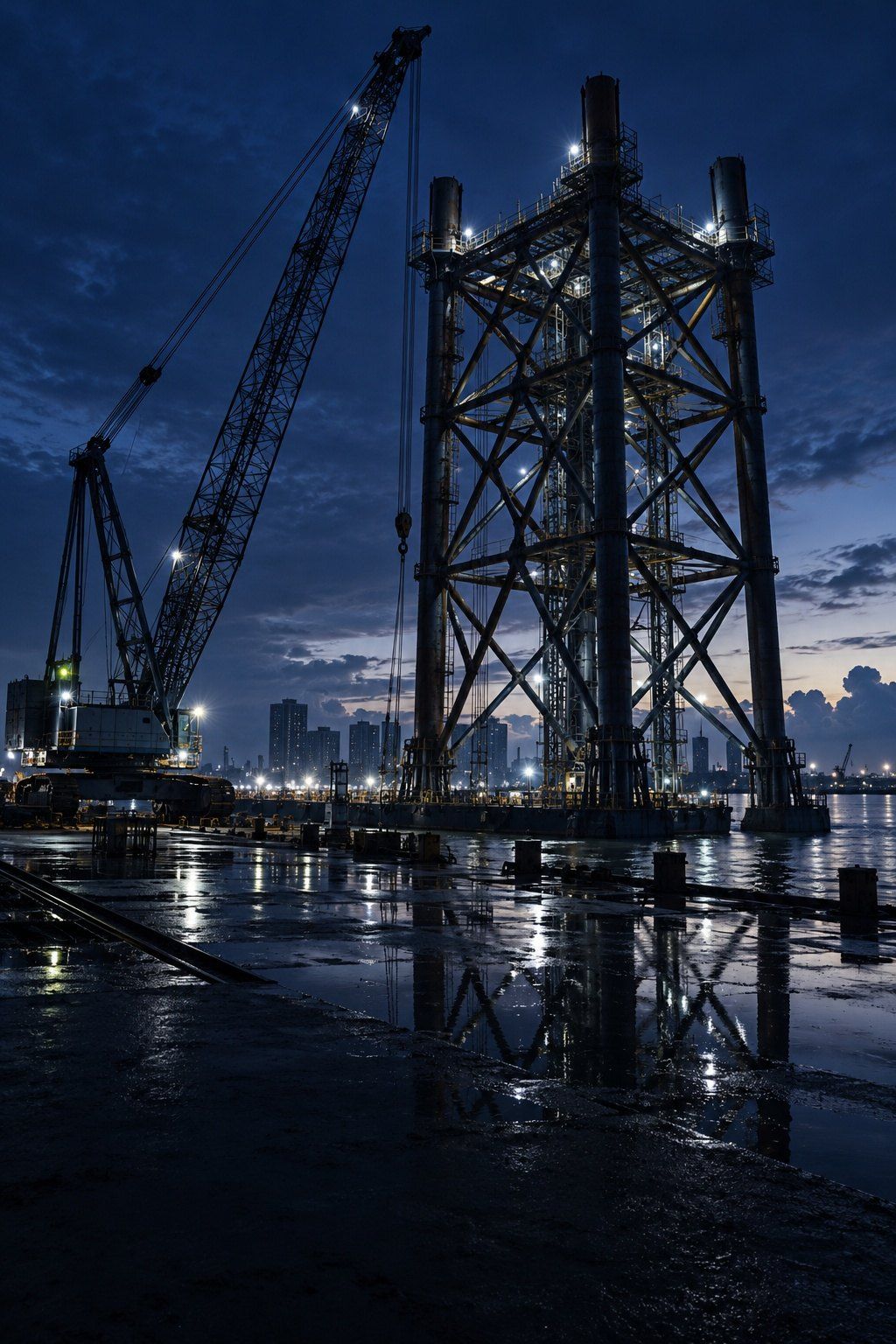 An offshore fabrication yard at dusk, a half-built platform jacket lit by floodlights against a navy sky
