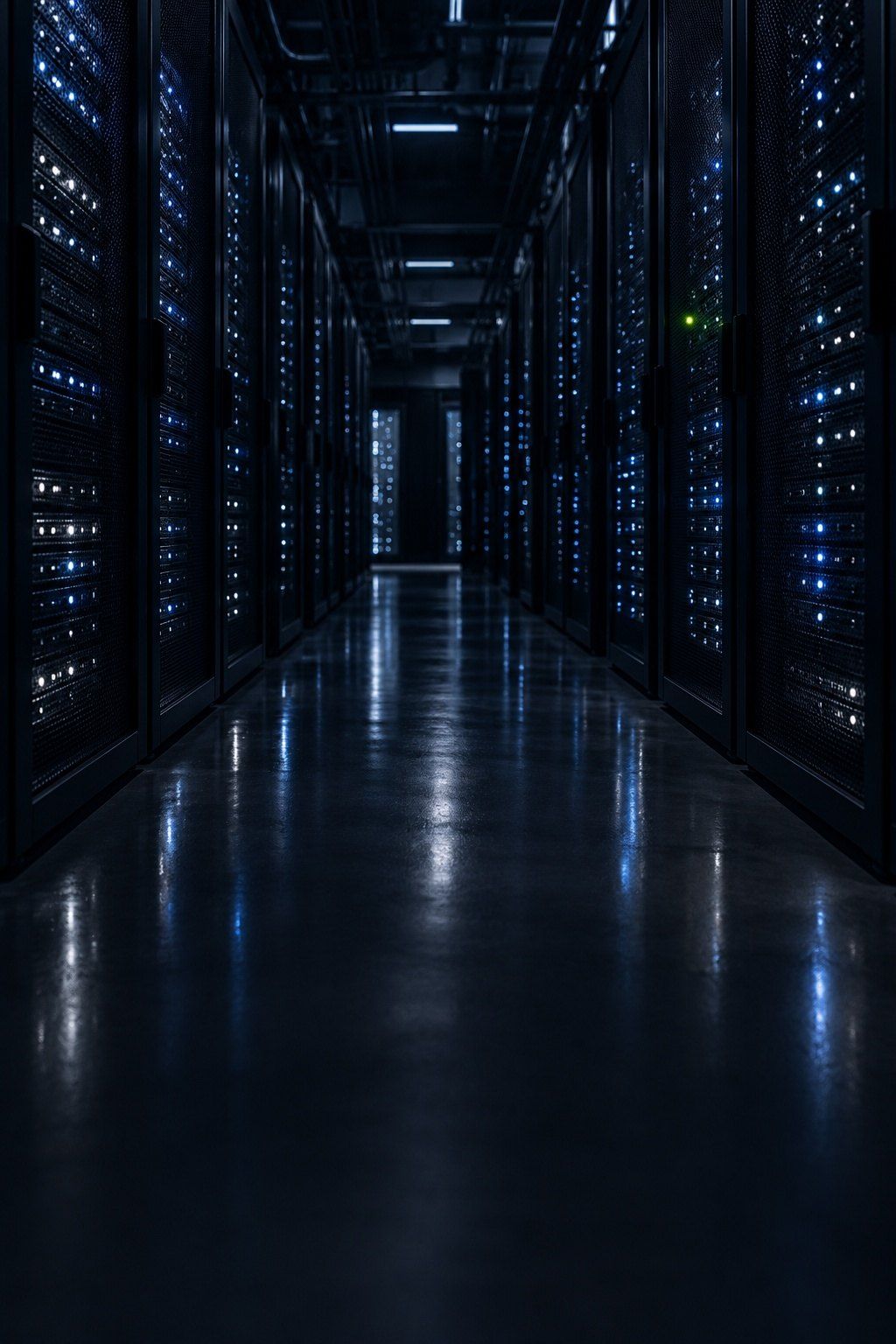 A dim server aisle with rows of small blue status lights fading into darkness